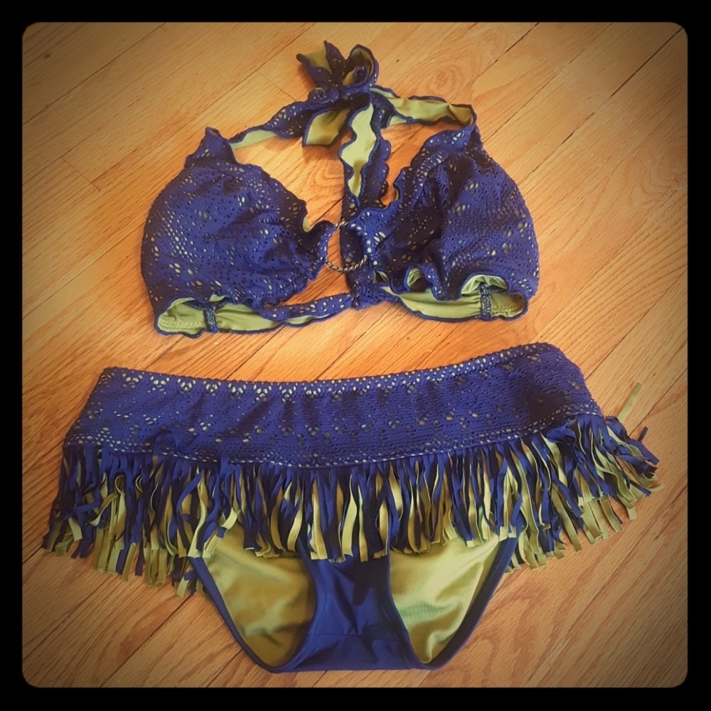 Becca blue and green fringe bikini